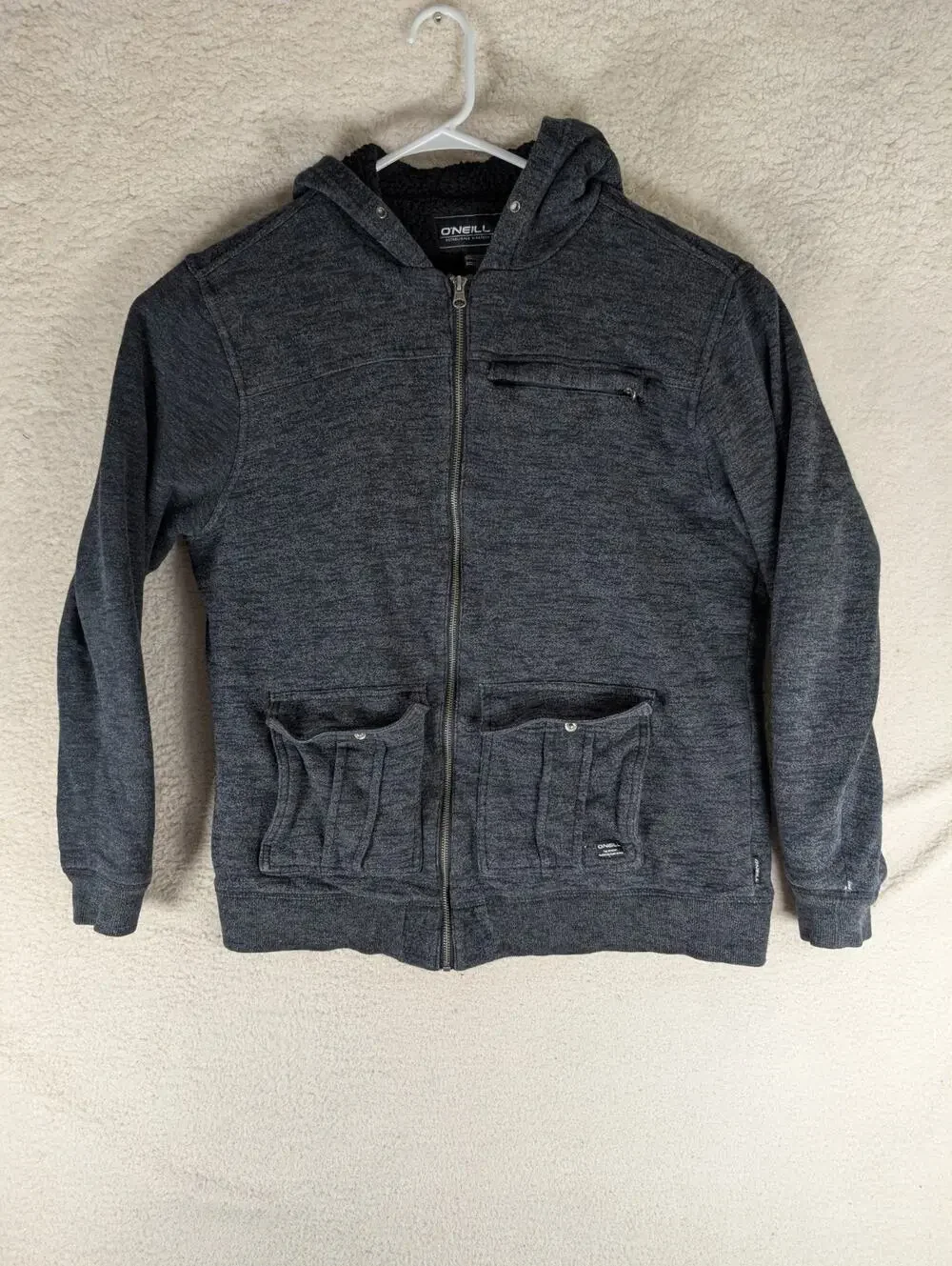 O'Neill Hoodie Sweatshirt Mens XL Y2K Sherpa Lined Black Skater Full Zip READ